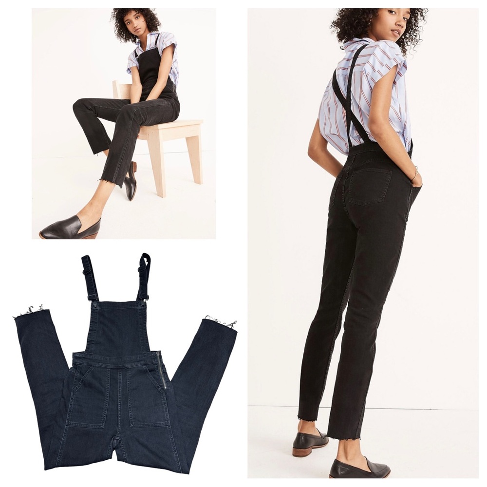 Madewell Skinny Overalls in Black Lunar Wash XS High Rise Raw Hem Stretch Bibs